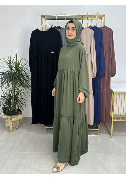 Iki Kat Büzgülü Elbise ve Şallı Takım .hijap ,abaya (Hac ve Umre Için Uygundur) Yeşil modelleri