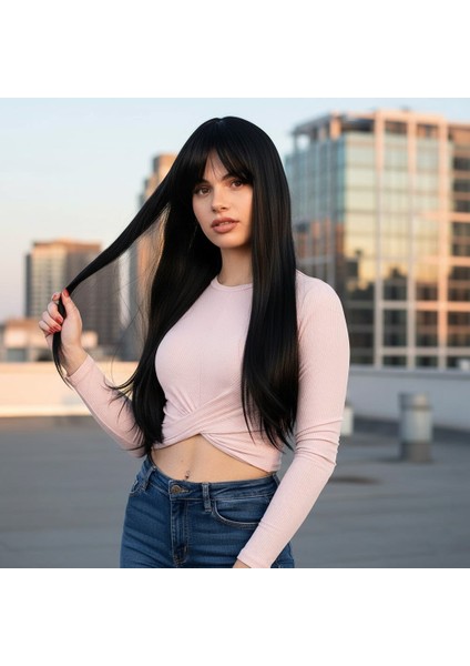 Fiber Sentetik Uzun Düz Kahküllü Peruk / Siyah