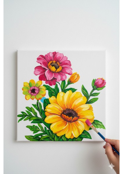 Okul Etkinliği 20X20 Resimli Tuval Çocuk Boyama Seti-Çiçekler_model-23 Resimli 3 Boya 1 Fırça