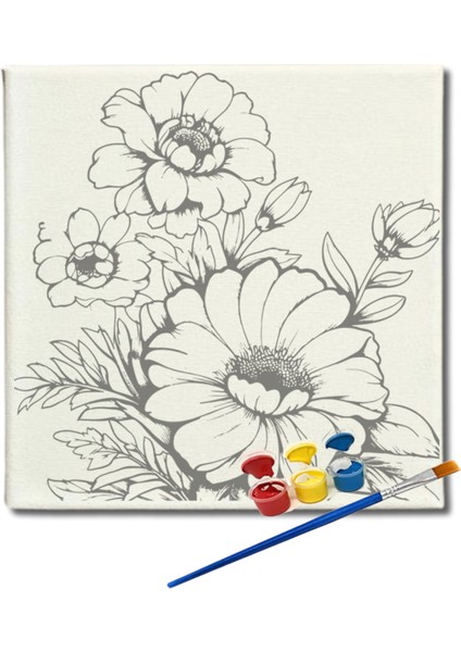 Okul Etkinliği 20X20 Resimli Tuval Çocuk Boyama Seti-Çiçekler_model-23 Resimli 3 Boya 1 Fırça fiyatları