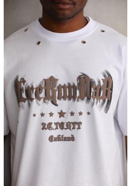 Unisex Kuşgözü Detaylı Baskılı Oversize T-Shirt - Beyaz