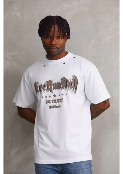 Unisex Kuşgözü Detaylı Baskılı Oversize T-Shirt - Beyaz fiyatları