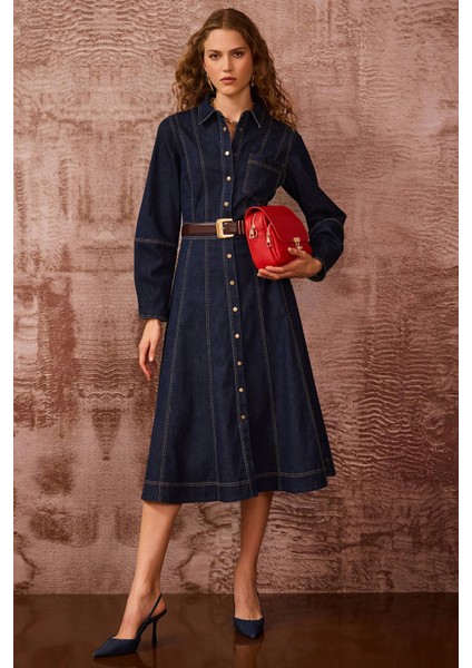 Kadın Dikiş Detaylı Düğmeli Jean Elbise 0003 Lacivert