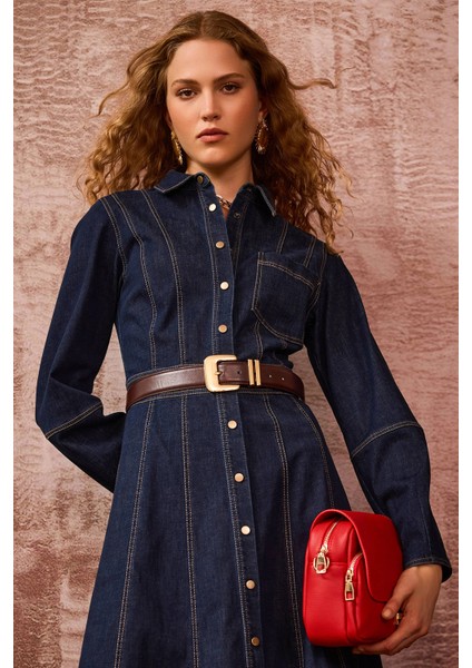 Kadın Dikiş Detaylı Düğmeli Jean Elbise 0003 Lacivert fiyatları