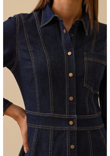 Kadın Dikiş Detaylı Düğmeli Jean Elbise 0003 Lacivert modelleri