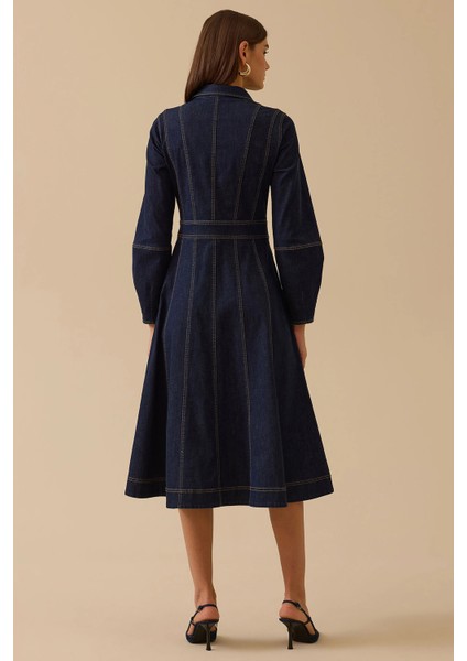 Kadın Dikiş Detaylı Düğmeli Jean Elbise 0003 Lacivert fırsatları