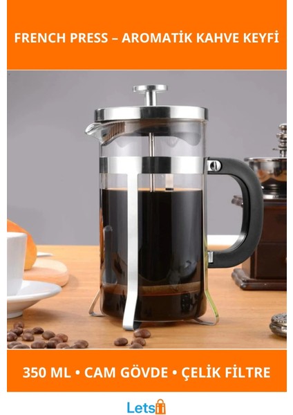 Isıya Dayanıklı Cam French Press 350 ml Paslanmaz Çelik Filtre