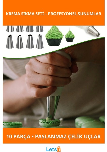 Paslanmaz Çelik Krema Sıkma Uçları ile 10 Parça Yaratıcı Pasta Süsleme Seti