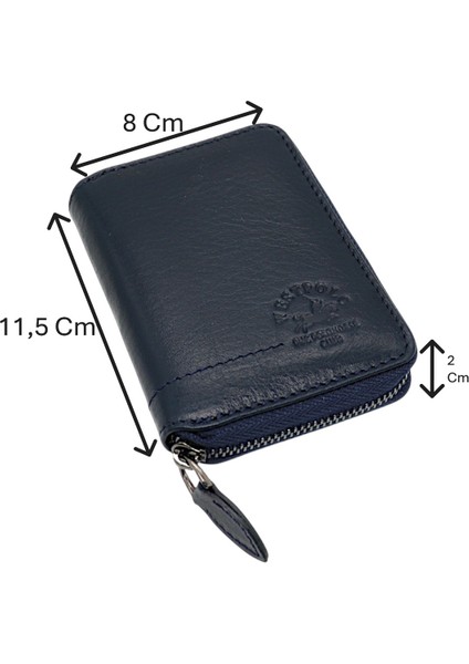 Hakiki Deri Kağıt Para ve Bol Kart Bölmeli Fermuarlı Unisex Cüzdan - Lacivert