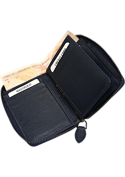 Hakiki Deri Kağıt Para ve Bol Kart Bölmeli Fermuarlı Unisex Cüzdan - Lacivert modelleri