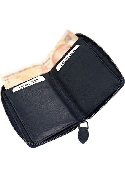 Hakiki Deri Kağıt Para ve Bol Kart Bölmeli Fermuarlı Unisex Cüzdan - Lacivert fırsatları