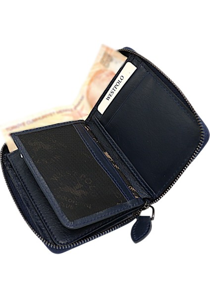 Hakiki Deri Kağıt Para ve Bol Kart Bölmeli Fermuarlı Unisex Cüzdan - Lacivert indirimleri