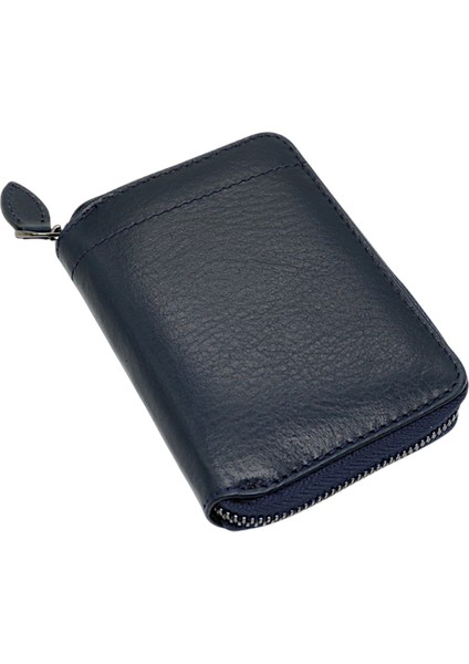 Hakiki Deri Kağıt Para ve Bol Kart Bölmeli Fermuarlı Unisex Cüzdan - Lacivert