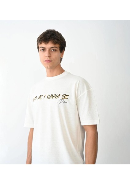 Unisex Bisiklet Yaka Baskılı Oversize T-Shirt - Beyaz modelleri