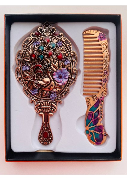 Ayna Tarak Seti, Kutulu-Metal-Hediyelik Takım, 13CM Aynalı Saç Fırçası, Tavuskuşu Figürlü
