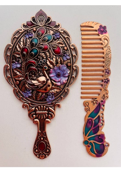 Ayna Tarak Seti, Kutulu-Metal-Hediyelik Takım, 13CM Aynalı Saç Fırçası, Tavuskuşu Figürlü fırsatları