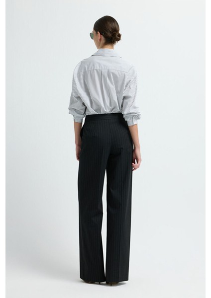 Bol Paça Çizgili Pantolon C.siyah 15345636001