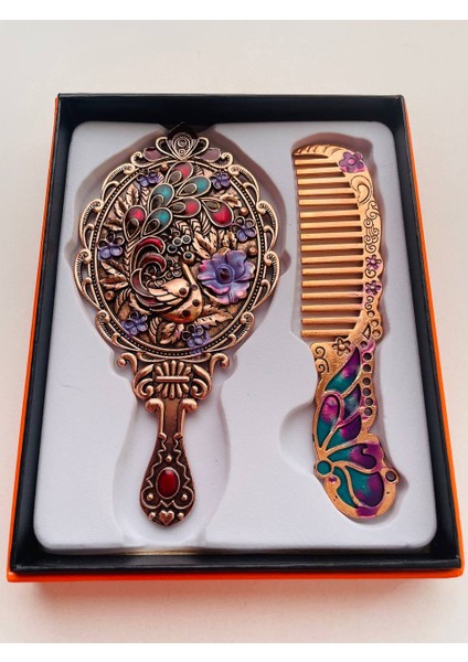 Ayna Tarak Seti, Kutulu-Metal-Hediyelik Takım, 13CM Aynalı Saç Fırçası, Tavuskuşu Figürlü