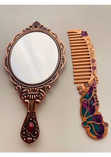 Ayna Tarak Seti, Kutulu-Metal-Hediyelik Takım, 13CM Aynalı Saç Fırçası, Tavuskuşu Figürlü