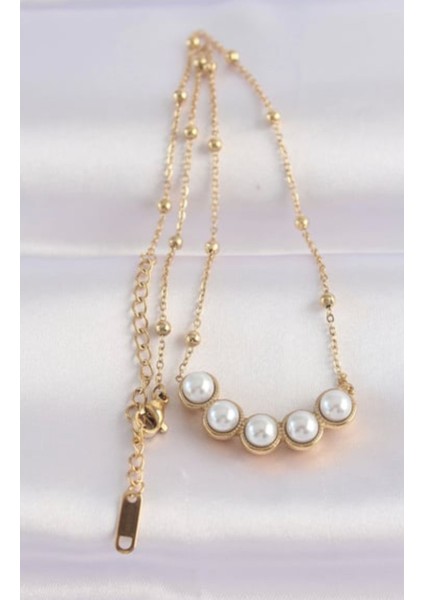 Çelik Gold Sıralı Inci Taşlı Kolye