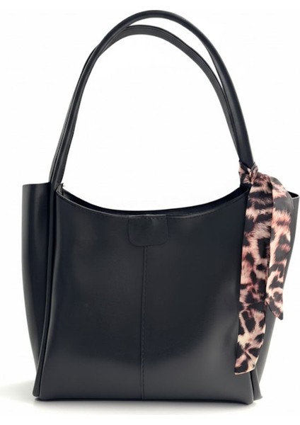 Kadın Siyah Omuz Çantası- Fular Detaylı Deri Görünümlü modelleri