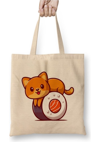 Cute Cat On Sushi Salmon Cartoon Beyaz Bez Çanta Uzun Saplı Alışveriş Çantası Plaj Çantası