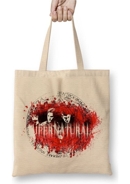 Supernatural Winchester Beyaz Bez Çanta Uzun Saplı Alışveriş Çantası Plaj Çantası