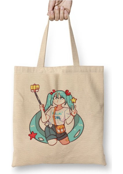 Hatsune Miku Beyaz Bez Çanta Uzun Saplı Alışveriş Çantası Plaj Çantası