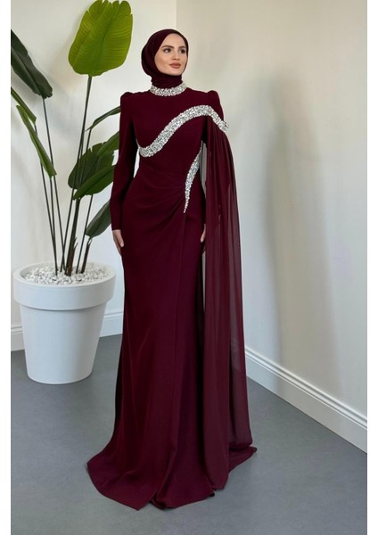 Feriha Yandan Pelerinli Taşlı Özel Tasarım Abiye Vişne Çürüğü