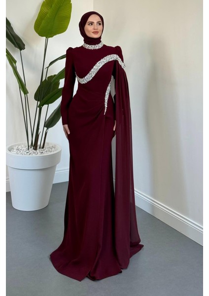 Feriha Yandan Pelerinli Taşlı Özel Tasarım Abiye Vişne Çürüğü fiyatları