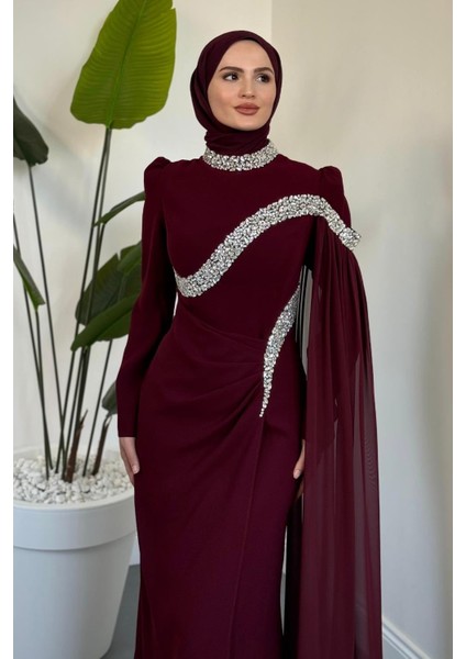 Feriha Yandan Pelerinli Taşlı Özel Tasarım Abiye Vişne Çürüğü modelleri