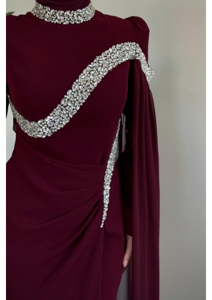 Feriha Yandan Pelerinli Taşlı Özel Tasarım Abiye Vişne Çürüğü indirimleri