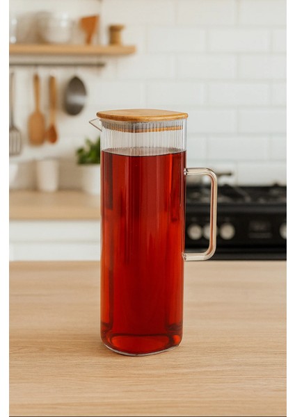 Borosilikat 1000 ml Bambu Kapaklı Kare Sürahi Line Yağdanlık Sürahi