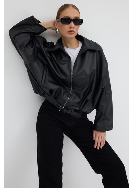 Kadın Oversize Deri Ceket– Oversize Relax Fit, Fermuarlı Kemer Detaylı Günlük Kadın Ceket