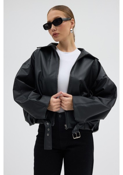 Kadın Oversize Deri Ceket– Oversize Relax Fit, Fermuarlı Kemer Detaylı Günlük Kadın Ceket fiyatları