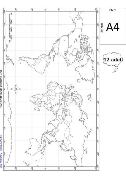 A4 Boy Dilsiz Dünya Siyasi Haritası Renksiz 12 Adet