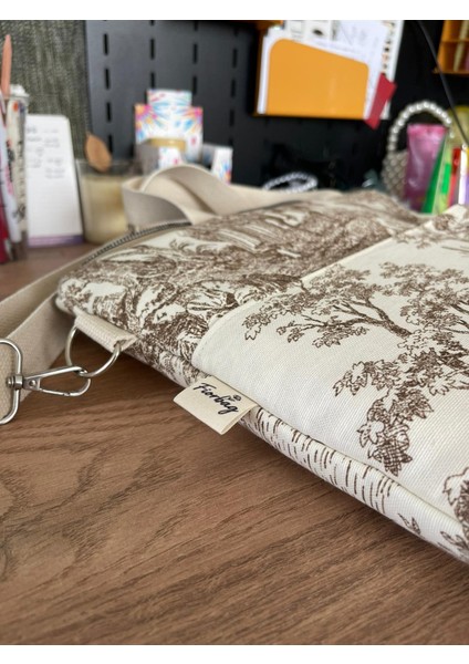 Toile De Jouy Desenli 15.6 Inç Notebook Çantası - El Yapımı Kadın Kol Çantası Astarlı Askılı