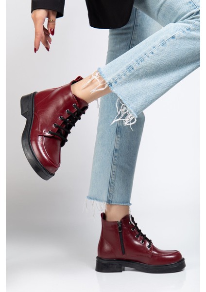 02-2001 Bordo Kırışık Rugan Bağcıklı Fermuarlı Günlük Kadın Bot fiyatları