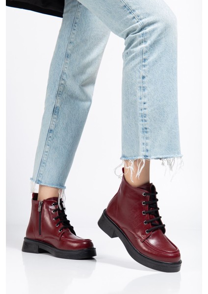 02-2001 Bordo Kırışık Rugan Bağcıklı Fermuarlı Günlük Kadın Bot modelleri