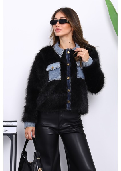 Siyah Kot Detaylı Cepli Kürk Ceket