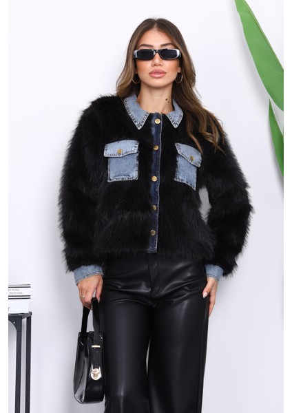 Siyah Kot Detaylı Cepli Kürk Ceket modelleri