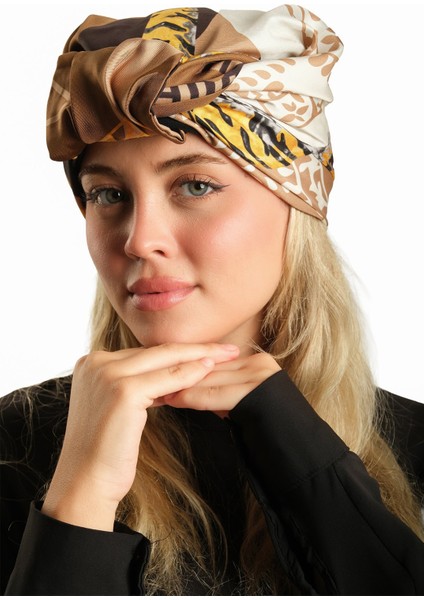 Kahve Pratik Hazır Geçmeli Tesettür Bone Ipek Desenli 2410_14