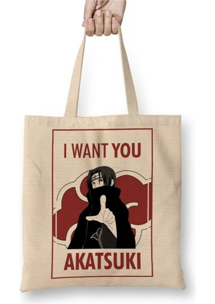 Recruta Akatsuki Naruto Beyaz Bez Çanta Uzun Saplı Alışveriş Çantası Plaj Çantası