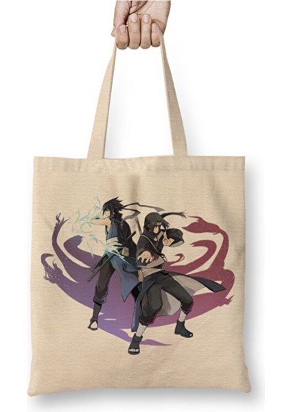 Naruto Itachi Uchiha Sasuke Uchiha Beyaz Bez Çanta Uzun Saplı Alışveriş Çantası Plaj Çantası