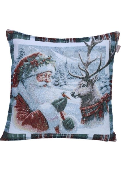 Belıeve Noel Baba Geyikli Ekoseli Çerçeveli Jakarlı Dokuma Goblen Dekoratif Simli Kırlent 45*45