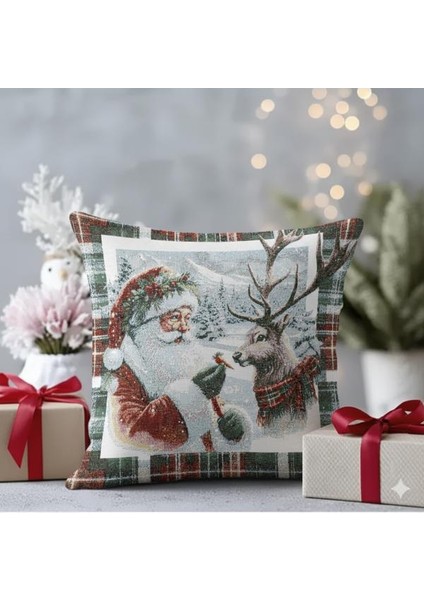 Belıeve Noel Baba Geyikli Ekoseli Çerçeveli Jakarlı Dokuma Goblen Dekoratif Simli Kırlent 45*45 indirimleri