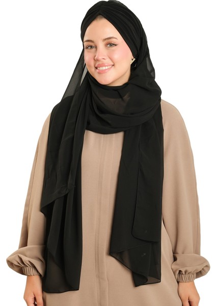 Siyah Pratik Hazır Geçmeli Bone Şal Şifon Drapeli 2507_01