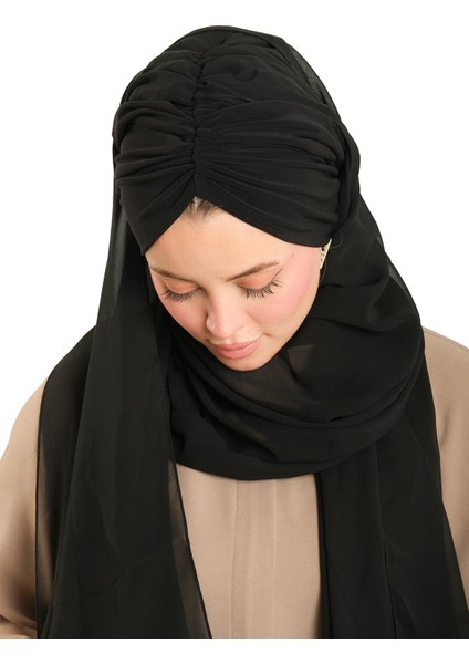 Siyah Pratik Hazır Geçmeli Bone Şal Şifon Drapeli 2507_01 modelleri