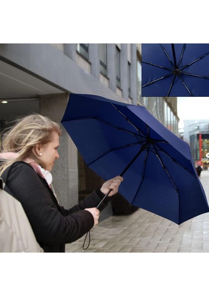 LED Işıklı Otomatik Katlanabilir Şemsiye – Mavi, Rüzgara Dayanıklı, Su Geçirmez