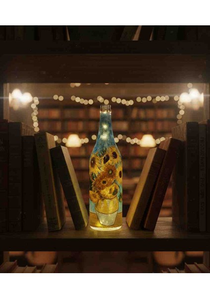 LED Işıklı Sanat Şişesi - Van Gogh Ayçiçekleri Temalı Dekoratif Cam Lamba